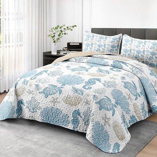 Quilt Set Full/Queen Size, Sea Shell Coral Seahorse 3 Pcs Soft Bed Cover Bedding Set for Kids and Adults, Starfish Nautical Lightweight Bedspread Coverlet with Pillow Sham for All Season