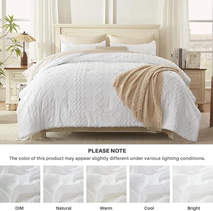 Andency White Tufted Comforter Set King(104x90Inch), 3 Pieces(1 Tufts Comforter, 2 Pillowcases) Boho Textured Farmhouse Bed, Microfiber Down Alternative Geometric Bedding Set