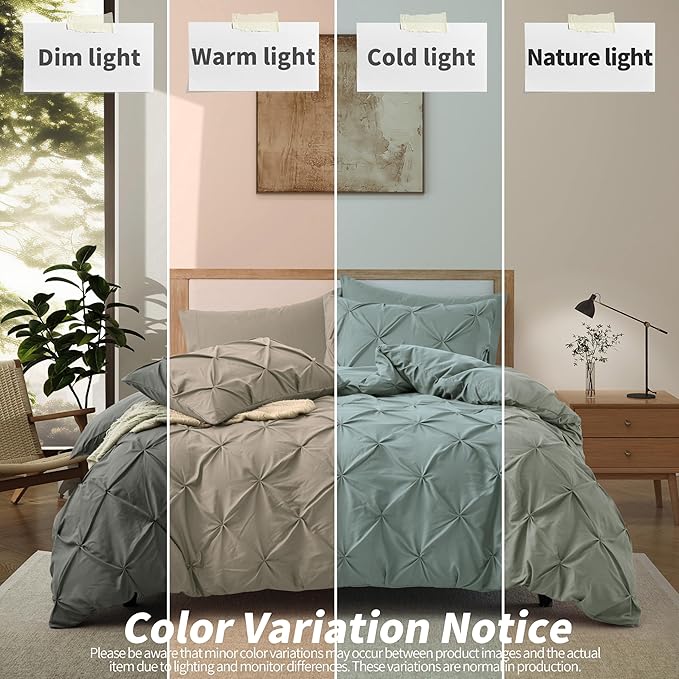 VACVELT 5 Piece Pinch Pleated Duvet Cover Full/Queen Size Set, Light Gray Pintuck Duvet Cover with Zipper & 8 Ties, Shabby Chic Microfiber + 2 Pillow Shams + 2 Pillowcases, No Comforter
