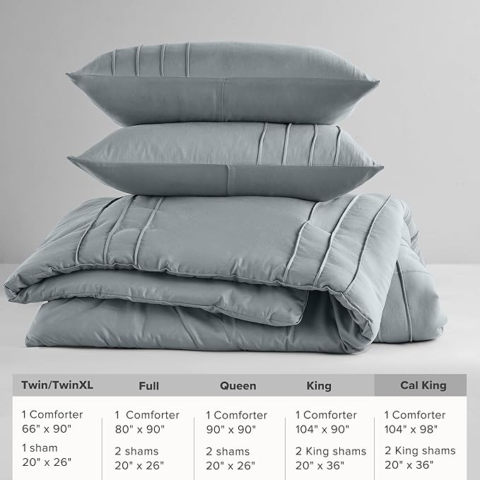 Comfort Spaces Blue/Grey Cal King Size Comforter Set - 3 Pieces Pintuck Pleated Bedding Sets, All Season Lightweight, Extra Softness Pre-Washed Microfiber Cal King Bed Set, Shams, Cal King