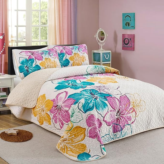 DJY Romantic Pink Teal Quilt Set Queen Size, 3 Pieces Colourful Floral Bedspread Set Bohemia Reversible Bedding Set Microfiber Lightweight Bedspread Coverlet Set for All Season 90"x96"