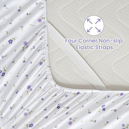 Softan Purple Floral King Bed Sheet Set, Cozy Microfiber Patterned Fitted Sheets with 15" Deep Pocket & Non-Slip Straps, Cute Purple Flower Printed Sheets & Pillowcase Set King