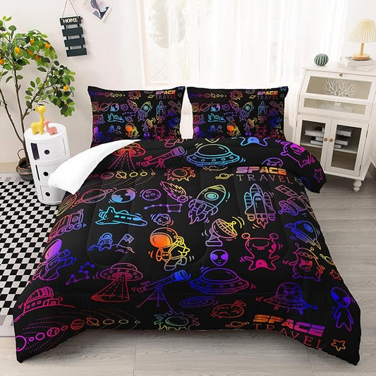 Cartoon Space Comforter Set for Kids Boys Girls,3 Pieces Outer Space Bedding Twin Size,Rocket Planet Spaceship Travel Toddler Bedding Set for Teen Boy Room Decor with 1 Comforter 2 Pillowcase