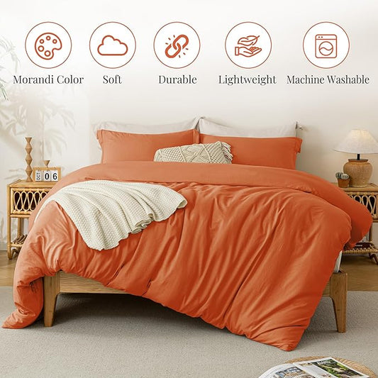 MILDLY Super Soft Duvet Cover - 100% Washed Microfiber Rust Comforter Cover Set 3 Pieces with Zipper Closure & Corner Ties (No Comforter)