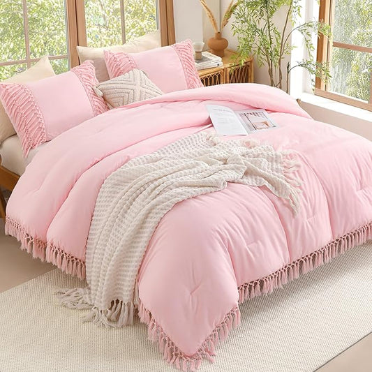 Andency Comforter King Size Set Light Pink, 3 Pieces Boho Tassel Lightweight Fluffy Bedding Comforters & Sets, Soft All Season Bed Set (104x90In Comforter & 2 Pillowcases)