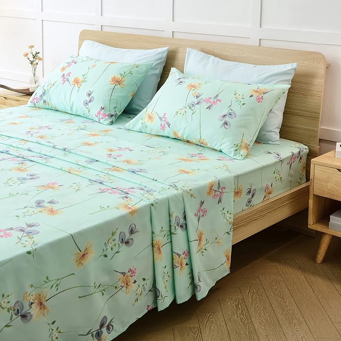JSD Green Floral Queen Sheet Set 6 Piece, Soft Boho Printed Microfiber Bed Sheets Extra Deep Pocket, Oeko-TEX Certified