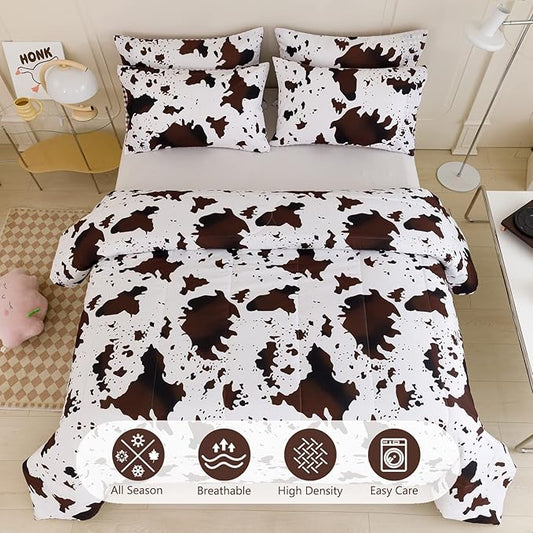 PERFEMET Queen Size Cow Print Bedding Comforter Set, Brown White Cowhide Western Comforter Sets, Geometric Checkered Reversible Cowboy Quilt Set (Brown White, Queen)
