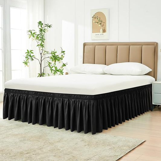 Biscaynebay Wrap Around Bed Skirts for Full & Full XL Beds 17" Long Drop, Black Adjustable Elastic Dust Ruffles Easy Fit Wrinkle & Fade Resistant Silky Luxurious Fabric Solid Machine Washable