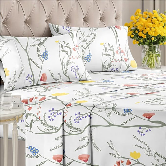 Floral Sheets - Boho King Bed Sheet Set - 1 Flat, 1 Fitted & 2 Pillowcases w/ Deep Pockets - Comfy, Wrinkle & Fade Free - Boho Botanical Bedding - Ultra-Soft, Breathable and Cooling - King Size Set