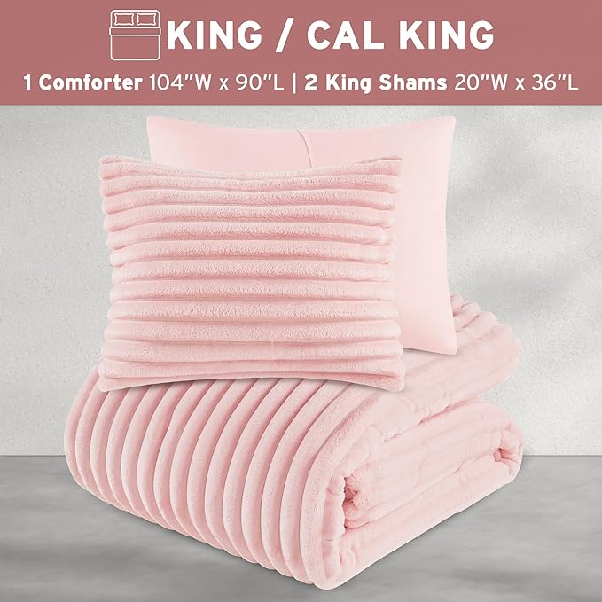 Intelligent Design King Comforter Set, Cozy Plush Bedding, Microfiber Reverse, 3 Piece, Lightweight, Super Soft Ribbed Velvet Comforter 2 Shams, All Season Fluffy Bed Set, Avril, King/Cal King Pink