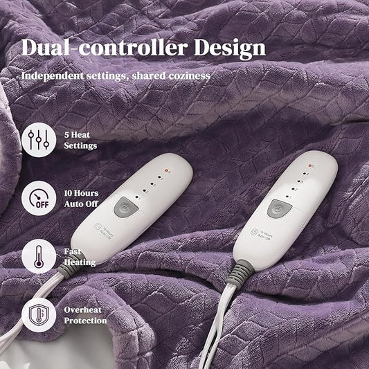 Heated Blanket King Size 90"x100" Electric Blanket King with Dual Control 5 Heat Settings, 10H Auto Off, FCC/ETL Certified, Wheat Pattern Flannel, Grandma, Machine Washable, Lavender