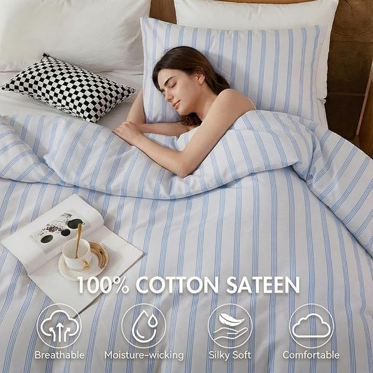 Bedbay Cotton Striped Duvet Cover Set King Size, Grey Blue Striped Bedding, 100% Cotton Sateen, Silky Soft Modern Minimalist 3 Piece Bedding Set for All Seasons