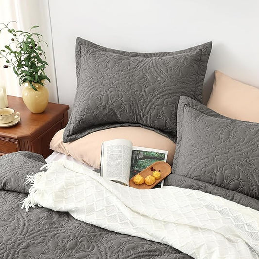 EXQ Home Quilt Set Full Queen Size Grey 3 Piece,Lightweight Soft Coverlet Mandala Flower Pattern Bedspread Set for All Season(1 Quilt,2 Pillow Shams)