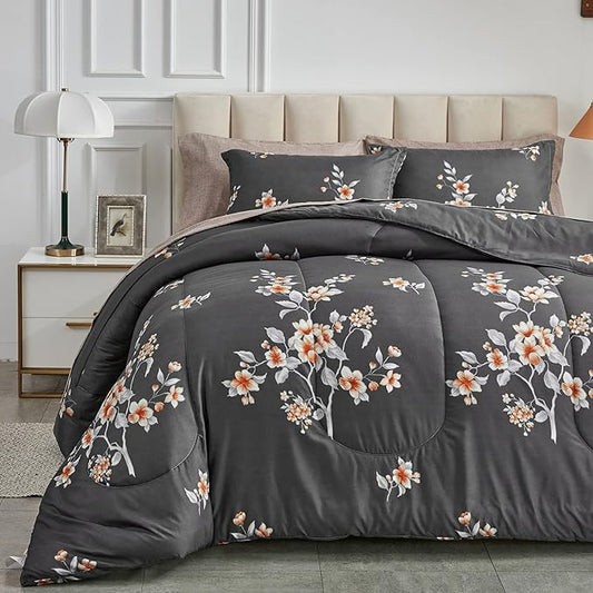 7 Pieces Bed in a Bag King Comforter Set with Sheets, Dark Grey Floral Design, Soft Microfiber Bedding Sets for All Season (1 Comforter, 2 Pillow Shams, 1 Flat Sheet, 1 Fitted Sheet, 2 Pillowcases)