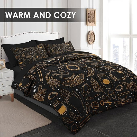 Comforter Set Twin Size, Vintage Witch Dream 5 Pcs Bedding for Kids and Adults, Boho Mystic Occult Bed Sheet Sets with Fitted Sheet Pillowcase & Sham for Bedroom Bed Decor