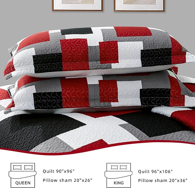 2 Piece Red Black Grey Quilt Set Twin Size Red White Geometric Reversible Bedding Set Microfiber Lightweight Bedspread Coverlet with 1 Sham Modern Abstract Bed Cover for All Season, 68''x86''