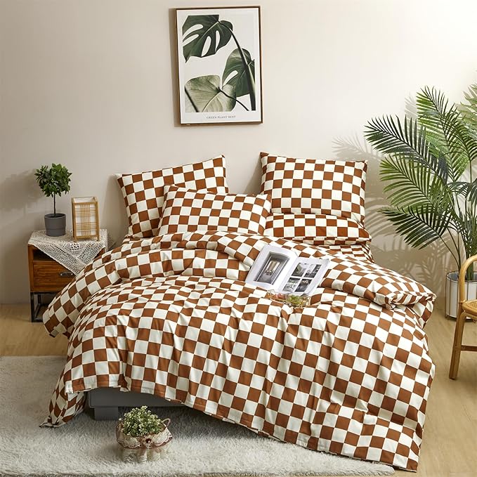Houseri Brown Plaid Comforter Set Twin Size White and Camel Grid Bedding Comforters Twin Boys Girls Kids Modern Pumpkin Checkerboard Dorm Bed Comforter Preppy Buffalo Checkered Twin Comforter Sets
