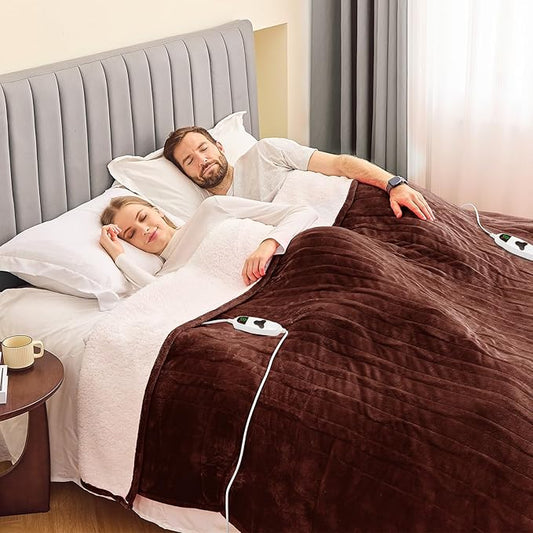 greenoak Heated Blanket Electric Queen Size 84"X90" Dual Control, Heating Blankets with 10 Levels 8 Hours Auto-Off, Soft Flannel Sherpa Fluffy House Warming Gifts for Grandma Seniors Mom,Mocha