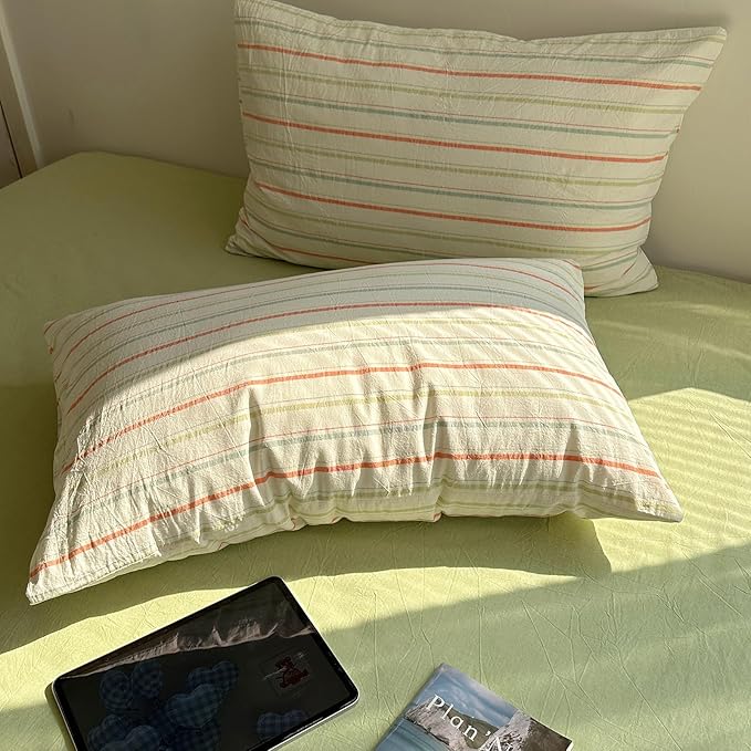 EAVD Vintage Colorful Striped Comforter Set Full Soft Cotton 3-Piece Retro Vertical Striped Bedding Set with 2 Pillowcases Boho Geometric Comforter Set for All-Season(Orange&Yellow&Green, Full)