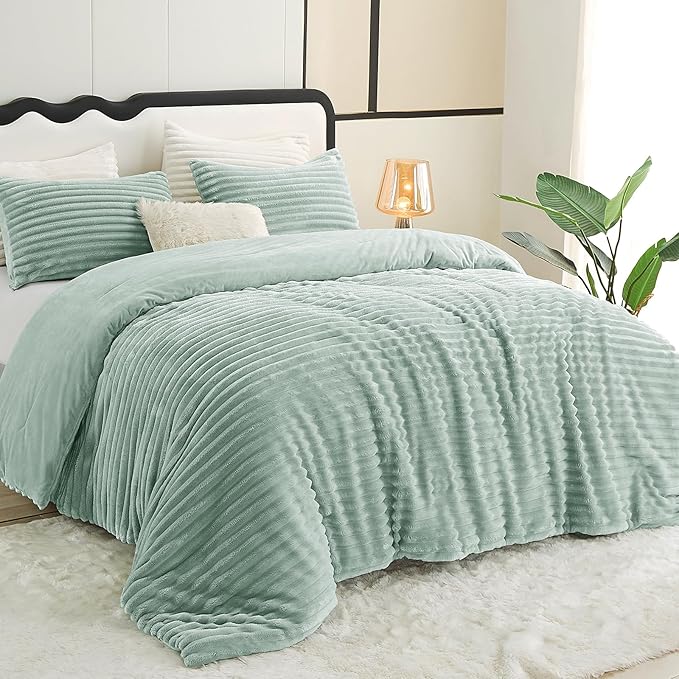 CozyLux Fluffy King Size Comforter Set - Super Soft Faux Fur Sage Green Comforter King Size, Winter Warm Fleece Bedding Set, 3 Pieces Plush Fuzzy Bed Set (1 Shaggy Comforter, 2 Pillowcases)