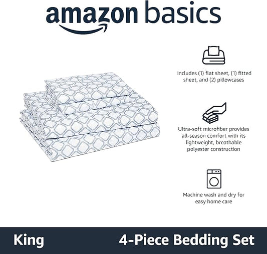 Amazon Basics Lightweight Microfiber 4-Piece Bed Sheet Set, King, Aqua, Printed