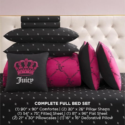 Juicy Couture Hot Pink/Black Link Logo Printed Comforter Set, Full – Complete 8-Piece Bed in a Bag Collection