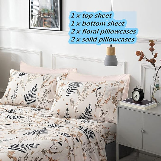 JSD Boho Floral Print Sheet Set Queen 6 Piece, Soft Blush Botanical Pattern Microfiber Bed Sheets Extra Deep Pocket