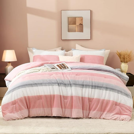 Litanika Fluffy Fleece Full Size Comforter Set, Luxury Soft Plush Fuzzy Blush Stripe Bedding Comforter Sets, Warm Shaggy Faux Fur Bed Set All Season (1 Comforter, 2 Pillowcases)