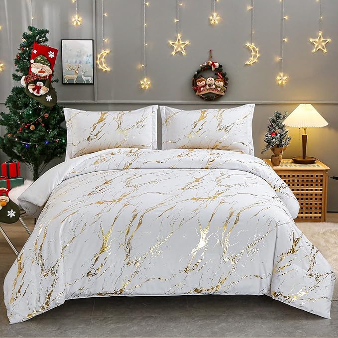White Gold Metallic Marble Comforter Set King Foil Print Glitter Bedding Sets with 2 Pillowcases for All Seasons, Soft Microfiber Filling Bedding Duvet Set 103"x90"