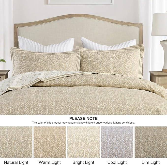 SahSahCasa Quilt Set King Size, 100% Cotton Quilt Bedding Set Bedspread, Botanical Pattern Solid Color Chic Lightweight Quilted Comforter for King Bed, White/Oatmeal, All Season, 3 Pieces