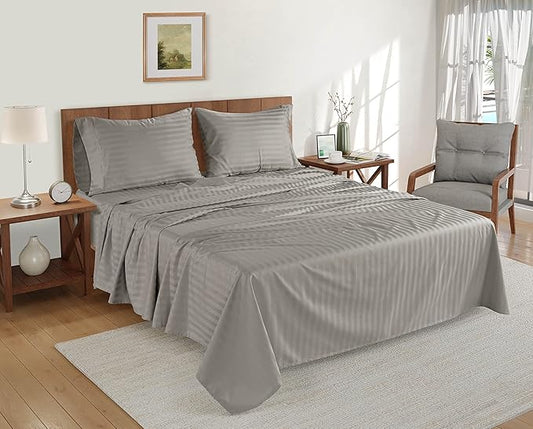 LANE LINEN Striped Sheets Set - 100% Egyptian Cotton 4 Piece Bed for King Size Hotel Bedding & Pillowcases 16" Deep Pocket (Fits Upto 17" Mattress) Silver