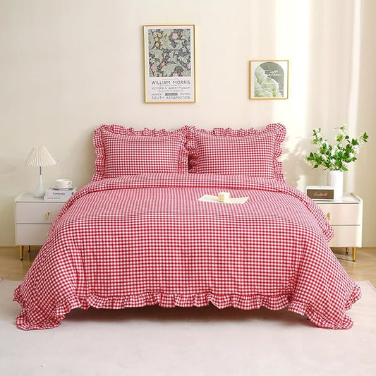 Red/White Checkered Ruffle 3-Piece Duvet Cover Set Queen Size,Washed Cotton Shabby Gingham Plaid Bedding Set Farmhouse Comforter Set(Queen,Red)