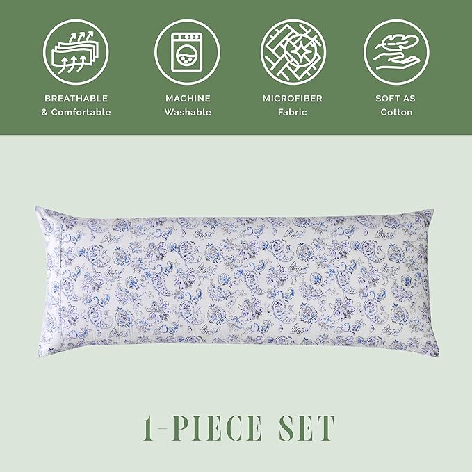 Elegant Comfort Ultra Soft 1-Piece Set Floral Print Pillowcases - 1500 Premium Hotel Quality Microfiber, Soft and Smooth Hidden Zipper Closure 1-Piece Pillow Covers - Body Pillowcase, Paisley Indigo