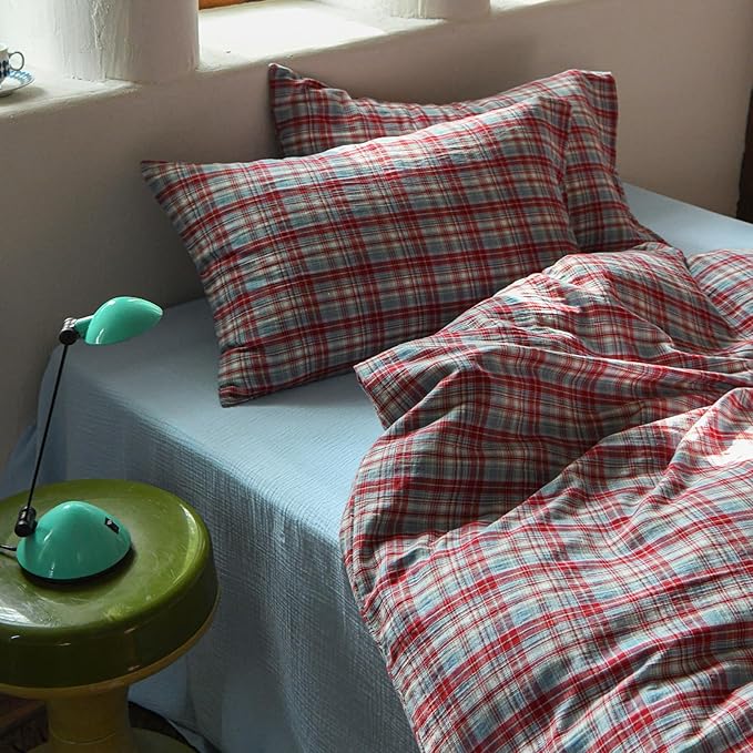 EAVD Vintage Style Red&Blue Gingham Duvet Cover Twin Soft 100% Cotton Muslin Yarn-Dyed Textured Retro Grid Plaid Bedding Set Reversible British-Style Gingham Bedding Set with Zipper Closure