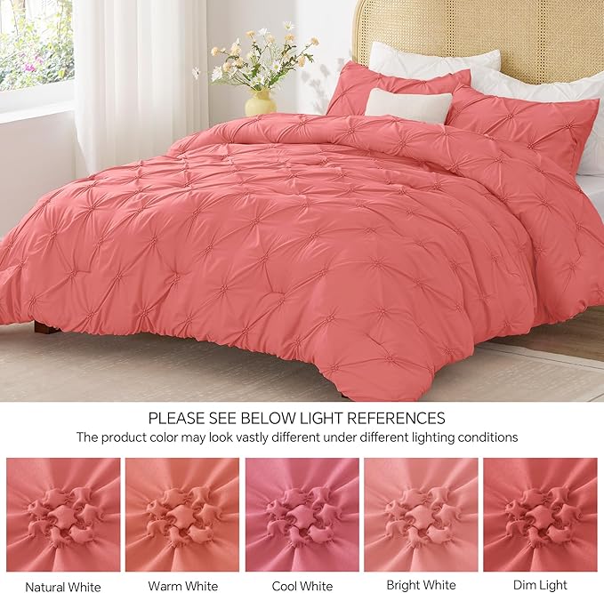 BEDELITE Coral King Size Comforter Set - 3 Pieces Boho Pintuck Bedding Comforter Sets, Lightweight Soft & Warm King Bedding Set with 2 Pillowcases for All Season