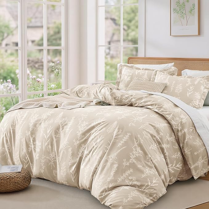 MUXHOMO Duvet Cover Queen Size, Reversible Floral Beige Duvet Cover Set with Zipper Closure, 3 Pieces Botanical Patterns Soft Microfiber Bedding Set with 4 Ties (90"x90", 2 Pillow Cases)