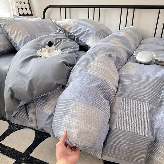 HighBuy Blue Grey Full Size Grid Stripe Patchwork Bedding Comforter Set Full 3 Pieces Buffalo Plaid Comforter Bedding Set Boho Stylish Geometric Plaid Fluffy Home Decor