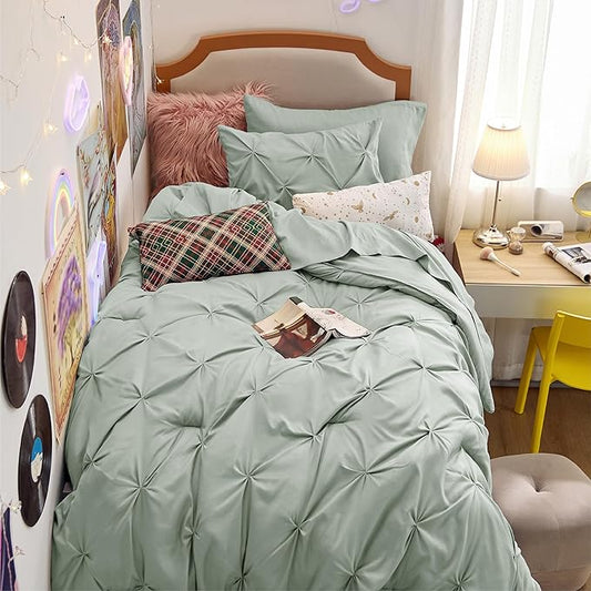 Bedsure Twin Comforter Set Sage Green - Bed in a Bag Twin Size Bedding 5 Pieces, GentleSoftโข Pintuck Bed Set Gift for Family, Pinch Pleat Sage Green Comforter with Sheets, Pillowcase & Sham