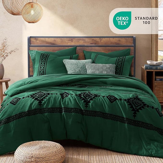 MaiRêve Embroidery Comforter Set, Boho Farmhouse Western Bedding Set, All Season Bed in A Bag Comforter Set with Sheets, Pillowcases & Shams, Emerald Green King 7 Pieces