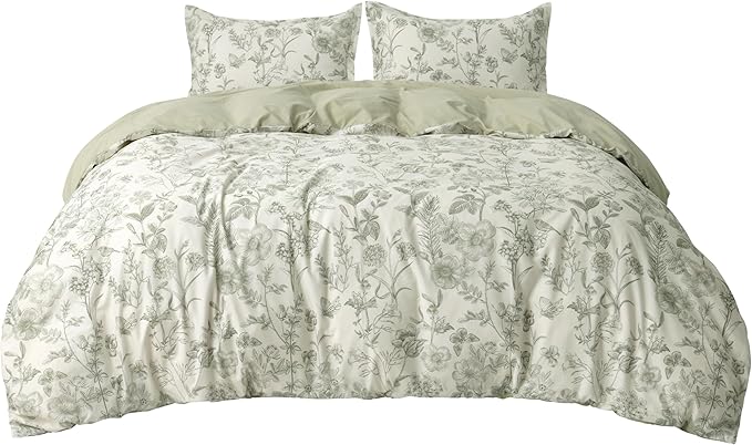 Bedsure Duvet Cover Queen Size - 100% Cotton Reversible Floral Queen Duvet Cover Set with Zipper Closure, 3 Pieces Soft & Breathable PureWoven Botanical Green Bedding Set with 2 Pillow Shams 20"x26"