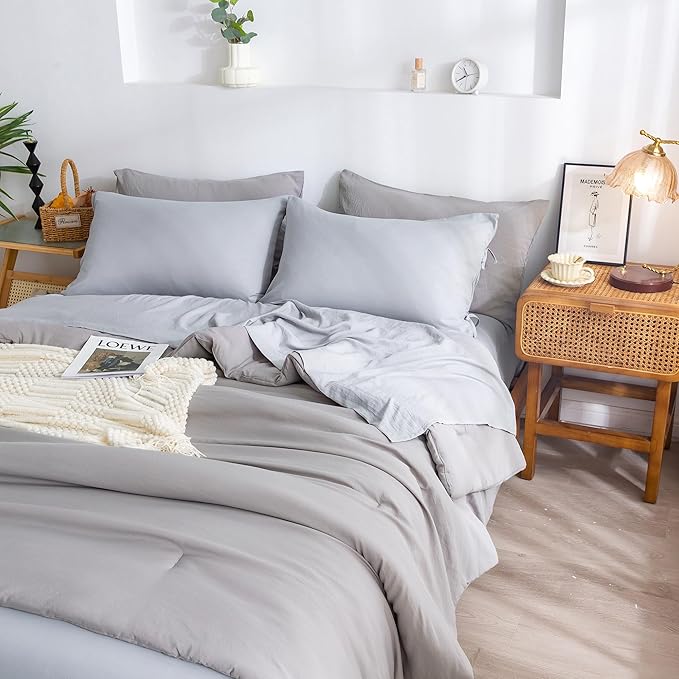 COTTEBED Super Soft King Size Comforter Set with Sheets - 7 Pieces King Bed in A Bag Modern Farmhouse Solid Polycotton Dark Gray Conforter and Light Grey Bedding Sheet Set Pillow Shams All Season Use