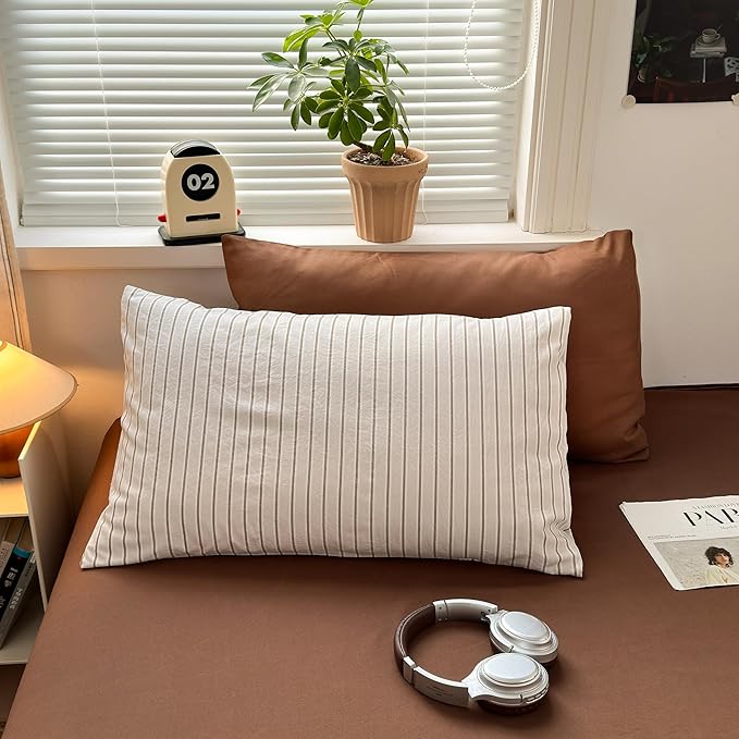 Striped Comforter Set Queen 3 Pieces Beige Stripes Bedding Set, Beige Khaki Brown Striped Design, 100% Microfiber, Super Soft Lightweight Comforter with 2 Pillowcases, All Season