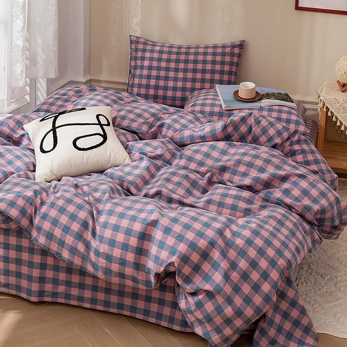 HighBuy Queen Comforter Set Purple Plaid Gingham Comforter Vintage Style Checkered Pattern Comforter Set for Women Men,3 Piece Grid Plaid Bedding Comforter Fluffy Soft Lightweight