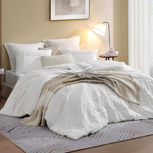 Boho King Size Comforter Set, White Pinch Pleat King Size Bed Set, 3 Piece Bedding Set, Warm Fluffy King Bed Set(White,102"*90")