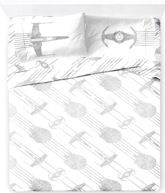 Jay Franco Kids Sheet Set with Fitted, Flat Sheets & Pillow Cover - Ultra-Soft Bedding with Pillowcase for Room Decor, White - Star Wars, 4 Piece Queen