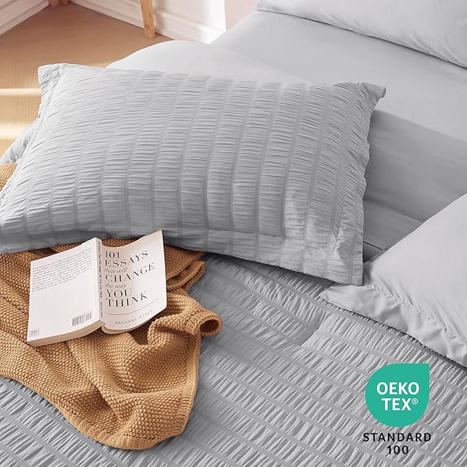 MUXHOMO 7 Pieces California King Comforter Set, Seersucker Bed in a Bag Cal King Size, All Season Luxury Bedding Set with Comforter, Flat Sheet, Fitted Sheet, Pillowcases & Shams, Light Grey