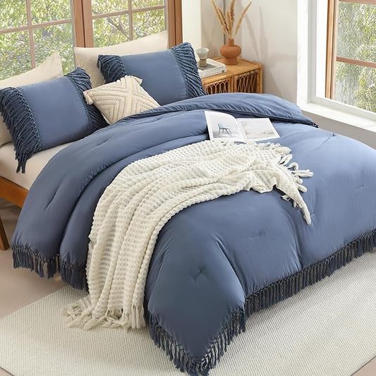 Andency Comforter King Size Set Bluish Grey, 3 Pieces Boho Tassel Lightweight Fluffy Bedding Comforters & Sets, Soft All Season Bed Set (104x90In Comforter & 2 Pillowcases)