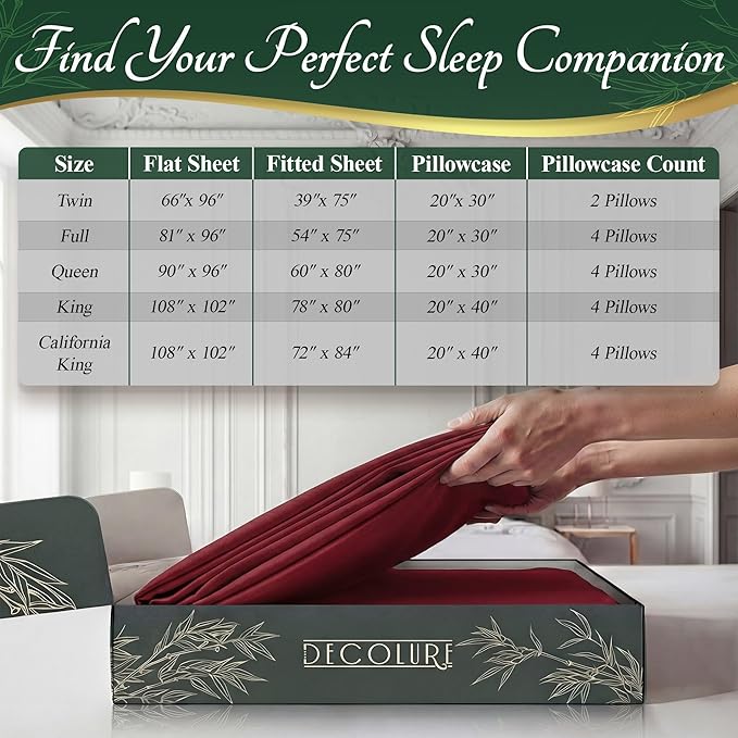 DECOLURE 100% Viscose Derived from Bamboo Sheets Full Size - Luxury 6 Pc Naturally Cooling Sheets, Ultra Soft Bed Set - Deep 17" Pockets, Durable Double Stitching, Oeko Tex Standard (Burgundy)