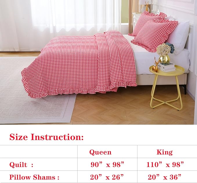 Red White Ruffle Gingham Quilt Set Queen Size with 2 Pillow Shams, 100% Washed Cotton Yarn-Dyed Quited Bedspread Farmhouse Bedding Set (Red, Queen)