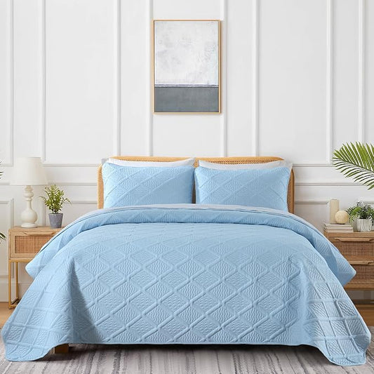 Yiran Ash Blue Quilt Set Queen Size, 3 Piece Reversible Bedspreads Bedding Set, Fall Diamond Pattern Coverlet for All Season with 2 Pillow Shams (Full/Queen, 96x90 Inch)